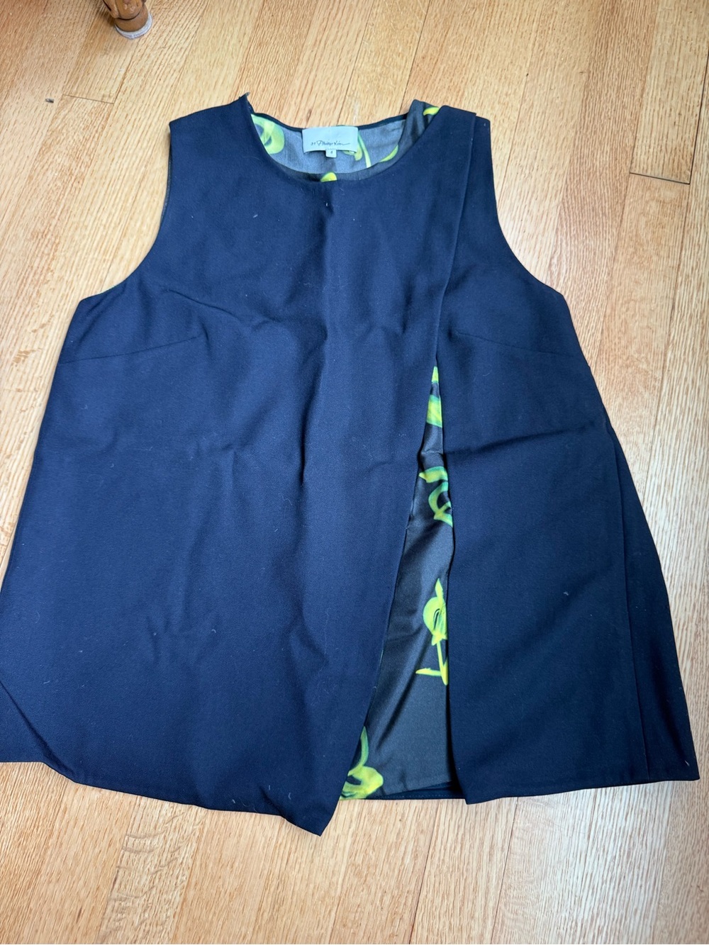 Vintage 3.1 Phillip Lim black faux layer Sleeveless Top with Lime pattern Peek